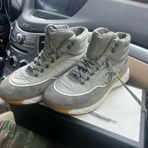 CHANEL Silver and Gray High-Top Sneakers